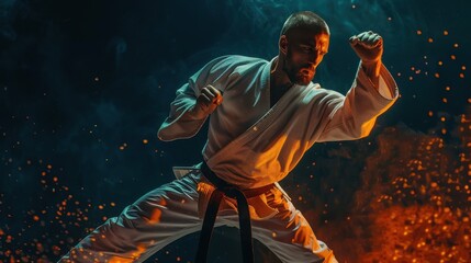 A man in a white karate uniform is in the middle of a kick