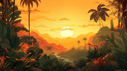 Naklejka premium Illustration of a Serene Tropical Sunset with Vibrant Colors over a Mountainous Landscape
