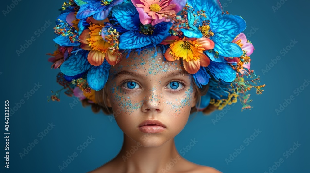 Poster A young individual with a captivating, intense gaze wearing a vibrant and colorful flower headdress with glitter on their face against a rich blue background