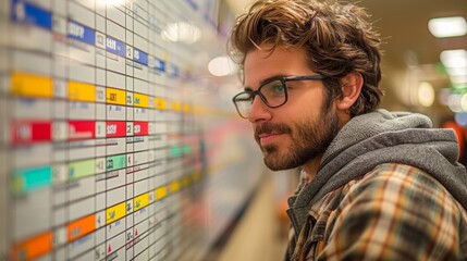 A young man in glasses intently reviewing a colorful, detailed scheduling board, likely analyzing or planning a series of tasks or events in an indoor setting