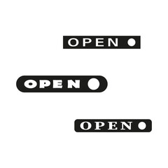 Open signs in diverse styles. Black and white vector icons. Simplistic typography. Modern design.