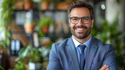 Obraz premium A confident and professionally dressed man in a suit and tie, smiling with arms crossed, standing in a modern office environment filled with lush green plants and a stylish interior