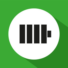 Battery icon vector. Full charge symbol. White circle background. Green backdrop shadow.