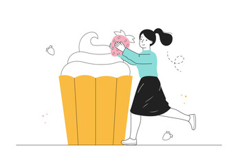 Woman baking cupcake. Young girl with strawberries near dessert and delicacy. Cooking sweet food. Homemade pastry and confectionary. Linear flat vector illustration
