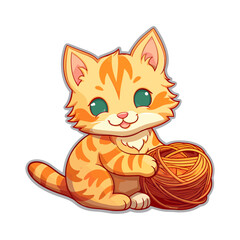 Fototapeta premium an orange cartoon cat playing with yarn in a flat style matte sticker
