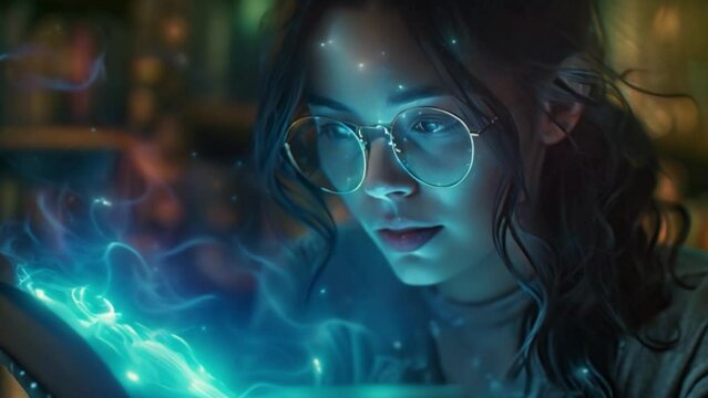 A woman wearing glasses reads a book that emits blue light and animated effects in a holographic literature class.
