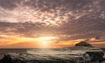 Stones, Rocks podium stand stage displays products outside on sea sunset sky backgrounds, Horizon sea landscape summer production 