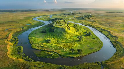 A mesmerizing aerial view of a winding river enveloping a lush green island in a vast open landscape, showcasing the serene beauty and tranquility of nature