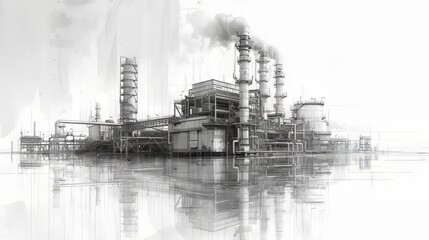 Factory Pollution in Black and White Sketch