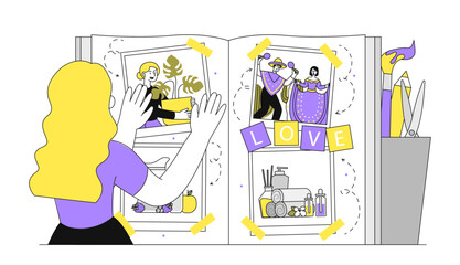 Woman with collage in book. Young girl with scrapbook with photographs. Memory diary with best moments of life. New home, spa treatments. Linear flat vector illustration