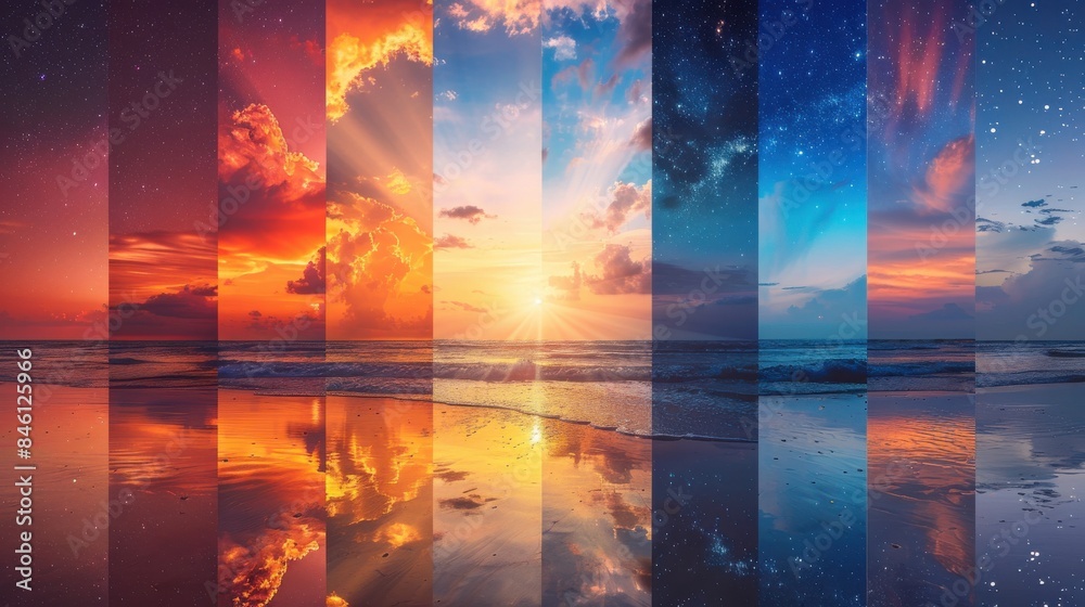 Wall mural a series of images of the ocean at sunset, each with a different color scheme