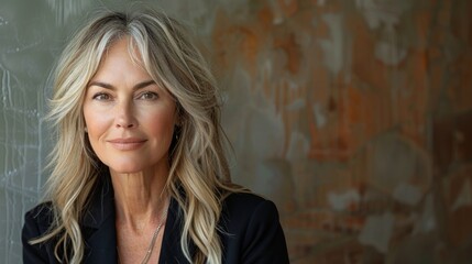 Fototapeta premium A confident and successful professional woman with blonde hair and gentle smile, wearing a black jacket, standing against an abstract artistic background