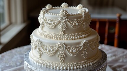 Fototapeta premium An exquisitely decorated two-tiered wedding cake with intricate vanilla frosting designs set on a table covered with a delicate lace cloth near a window