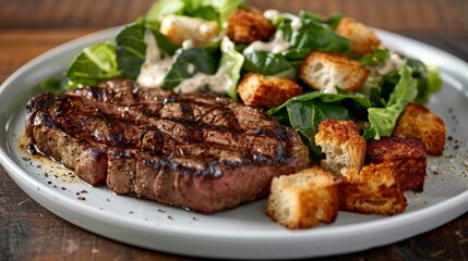 Grilled steak with a side of Caesar salad and garlic croutons