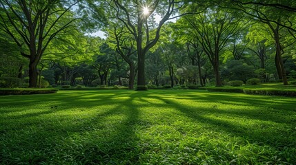 Fototapeta premium A beautiful and serene forest glade bathed in sunlight, with lush green grass, tall trees, and dappled light creating a peaceful atmosphere
