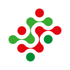 Abstract interconnected shapes. Red and green colors. Geometric pattern design. Modern vector illustration.