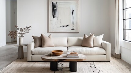 Comfortable white sofa chairs Living room Modern minimalist scandinavian home interior with, wall poster frame decoration. Natural light from glass windows.