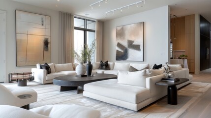 Fototapeta premium Comfortable white sofa chairs Living room Modern minimalist scandinavian home interior with, wall poster frame decoration. Natural light from glass windows.