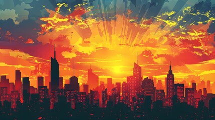 Colorful comic scene background with city silhouette
