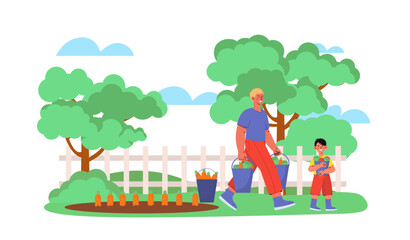 Family with harvest. Man and child carry buckets of fruits and vegetables. Farmers with natural and organic products on the beds. Farming and agriculture. Cartoon flat vector illustration