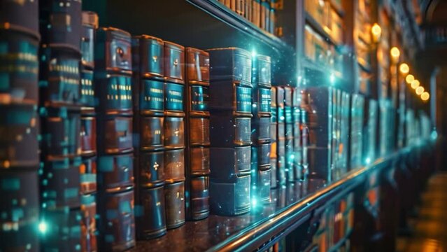 A bookshelf filled with traditional, leather-bound books is seen, with blue holographic displays emerging from the books, creating a virtual classroom setting.