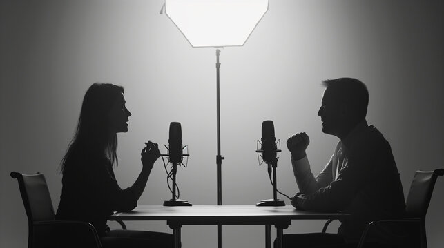 Silhouette of a man and woman having a heated debate while recording a podcast