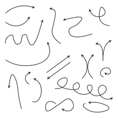 Hand drawn arrows vector. Sketchy curved lines. Black doodle arrows. Directional pointers set.