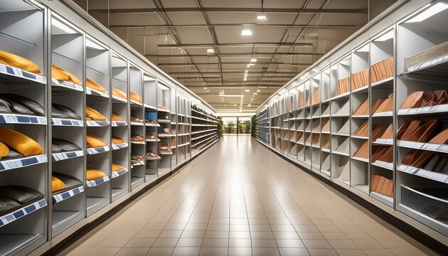 A supermarket aisle with completely empty shelves, a sense of desolation and silence, reflecting store closure