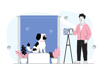 Man photographing dog. Man with camera takes photo of his pet. Popular blogger with domestic animal. Content for social networks. Linear flat vector illustration