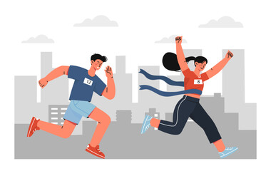Runners race concept. Man and woman run toward finish line. Athletes competing in marathon competition. Active lifestyle and sports. Cartoon flat vector illustration