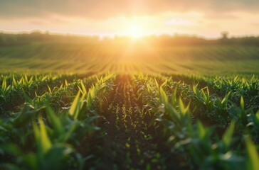 Fototapeta premium corn field or maize field at agriculture farm in the misty from watering sprinkler morning sunrise