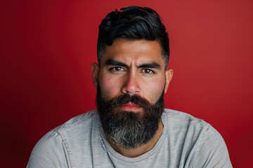 Obraz premium Bearded Latino Hispanic Mexican Brazilian Colombian Man Isolated on a red Background Attractive Male Confident Stylish Ethnic Cultural Portrait Studio Photography