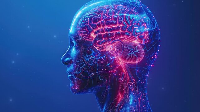 3d render of human transparent head with brain organ. Video, footage, for studying biology, human anatomy, science.