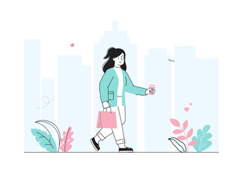 Woman walk around city. Young girl with briefcase walks near skyscrapers. Businessman goes to work. City dwellers outdoors. Linear flat vector illustration