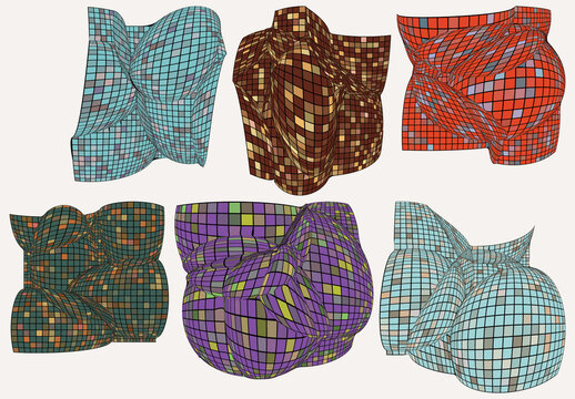 Set of Colored Geometric 3D computer modeled wire frame futuristic objects