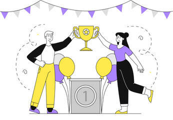 Winners with cup. Man and woman with trophy on pedestal. Successful collaboration and team work. Partners celebrate success. Winning tournament or competition. Linear flat vector illustration