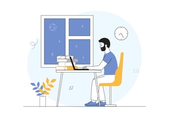 Man work late. Guy sits at workplace at night. Overworked employee in office. Poor time management and ineffective work process organization. Linear flat vector illustration