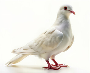 Obraz premium A graceful white dove with delicate feathers and red eyes stands elegantly. The bird's serene appearance is accentuated by the soft, glowing background.