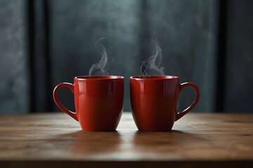 Love Brews: Two Red Coffee Mugs on a Romantic Valentine's Table.