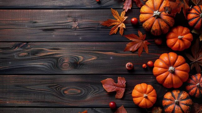 Happy Thanksgiving text space with pumpkins and leaves over the edge as a frame. Blank space for text or copy space. Greeting card video.