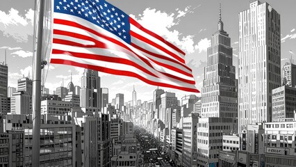 The monochrome background celebrates American Independence Day with a dramatic atmosphere.