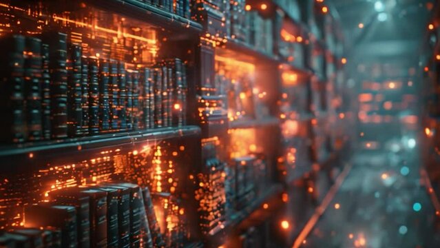 An image depicting a virtual classroom with holographic textbooks on shelves, showcasing a futuristic learning environment.