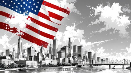 The monochrome background celebrates American Independence Day with a dramatic atmosphere.