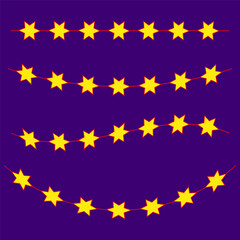 Yellow star garlands. Red string. Purple background. Festive vector design.