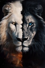 lion face split between black and white
