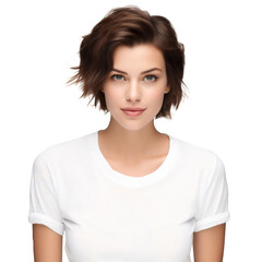 Fototapeta premium Portrait of a smiling woman wearing casual clothes with short brunette hair, isolated on transparent background