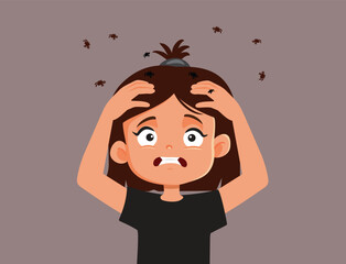 Girl with Lice in Her Hair Scratching Her Scalp Vector Illustration. Worried child dealing with parasitic insects on her head 
