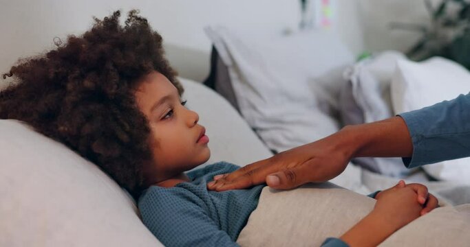 Cough, sick and parent with child in bed for flu, virus or chest infection symptoms at house. Cold, care and person helping boy kid for respiratory illness with medical emergency in bedroom at home.