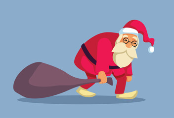 Sad Tired Santa Feeling Exhausted and Stressed-out Vector Cartoon. Exhausted and overworked senior man dressed like Santa delivering presents 
