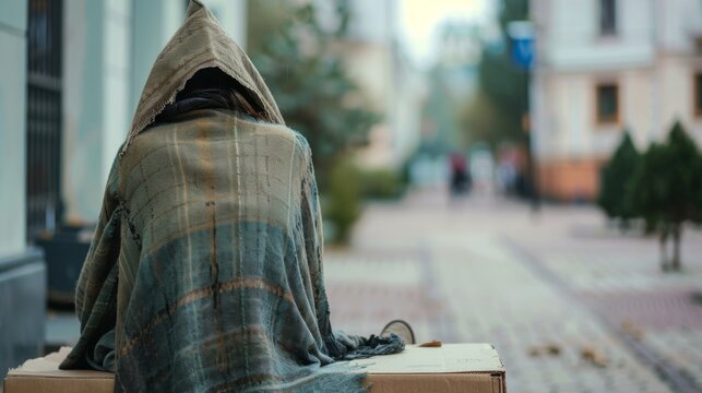 A person sits on a cardboard box face hidden from the camera by a tattered blanket dd over head. The makeshift shelter . .